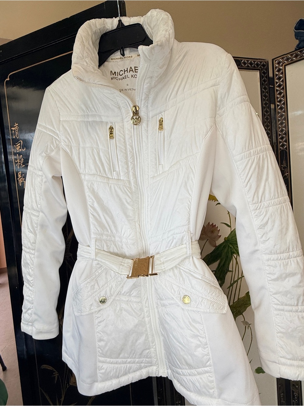 Michael Kors White Quilted Belted Puffer Jacket with Gold Hardware